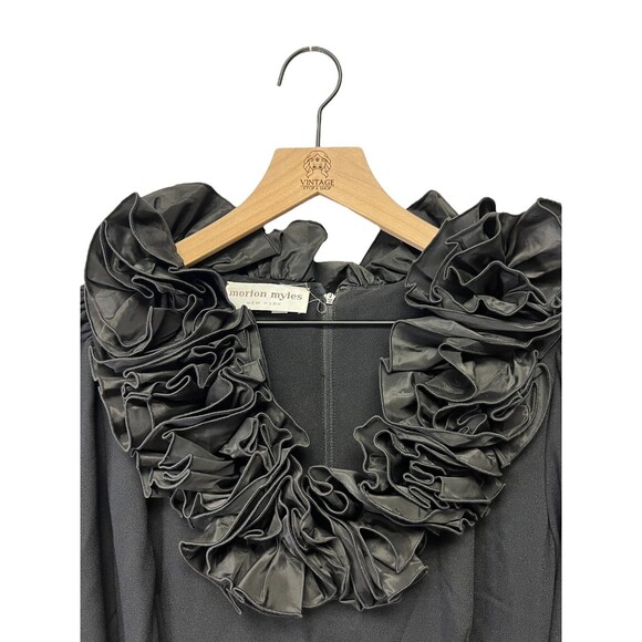 STUNNING Vintage Morton Myles Black Ruffle Neckline Belted Dress Size 12 - Picture 6 of 16
